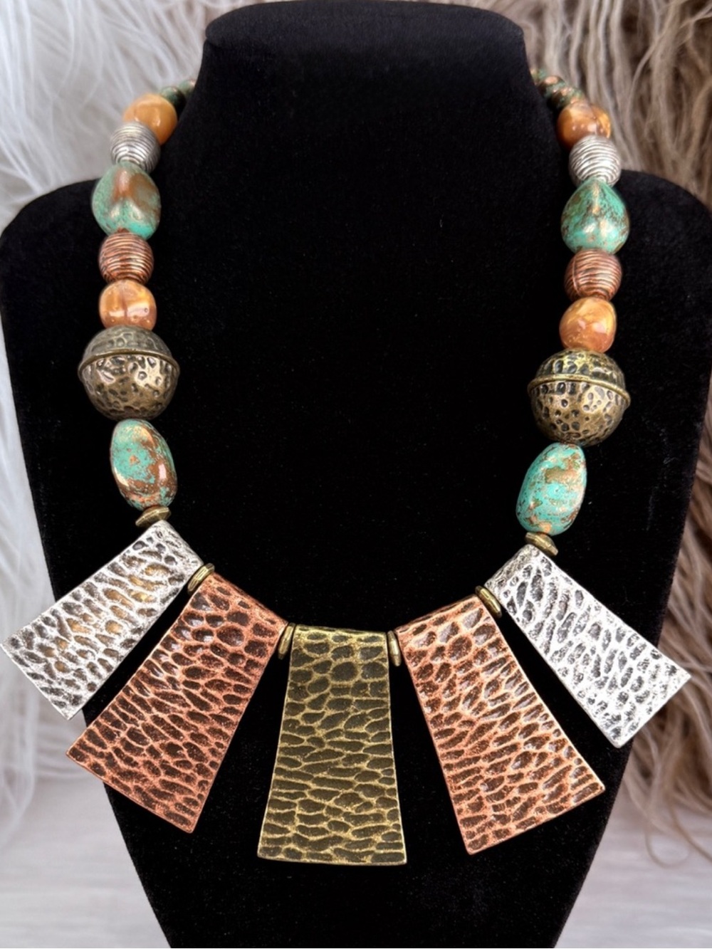 Vintage Hammered Statement Necklace Mixed Metal Patina Tribal Boho Bib